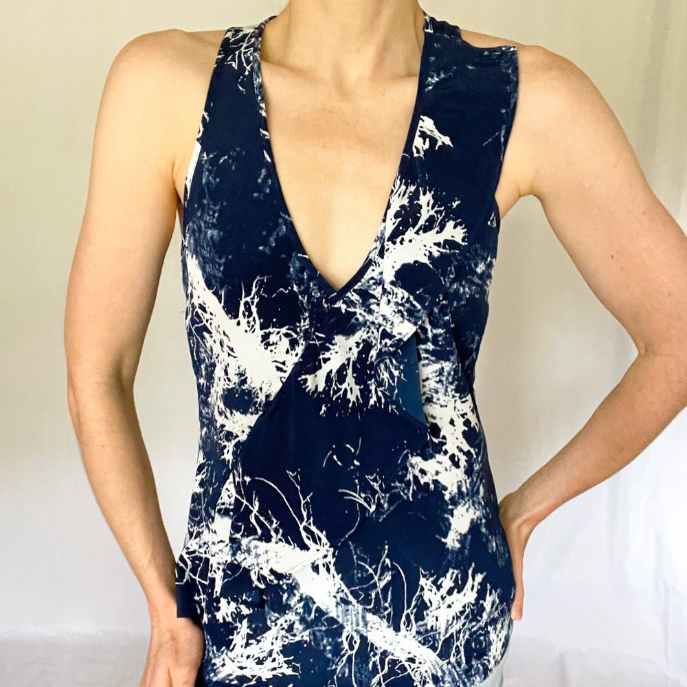 Aqua Navy Blue Tie Dye Racerback Tank with Ruffle Detail